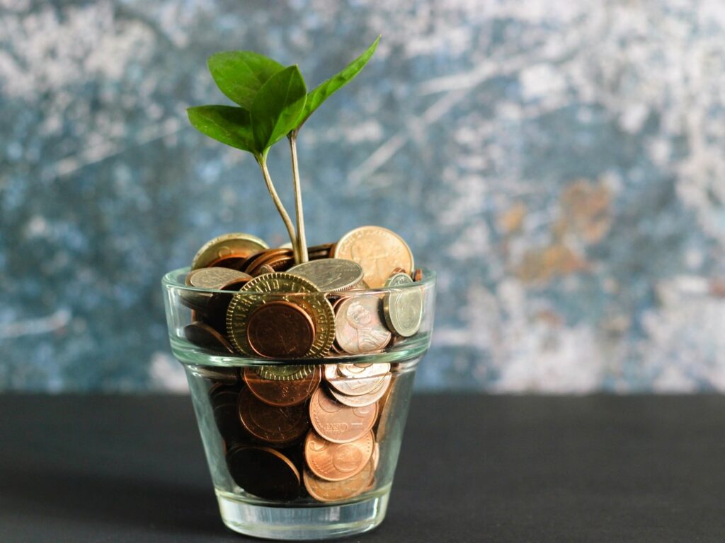 glass pot plant with coins in it